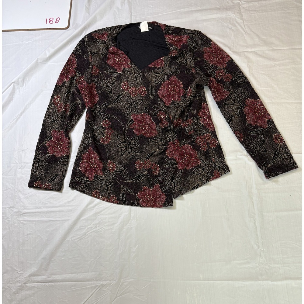 womens Sharon Anthony blouse, black/gold,‎ long sleeve, floral, size M